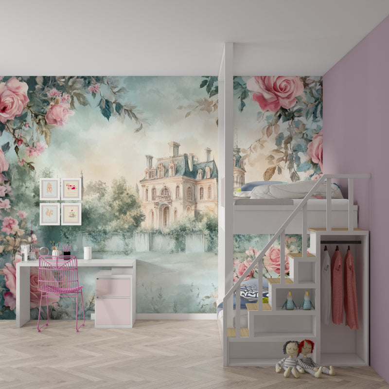 Romantic castle wallpaper showcased in a playroom with princess-themed toys