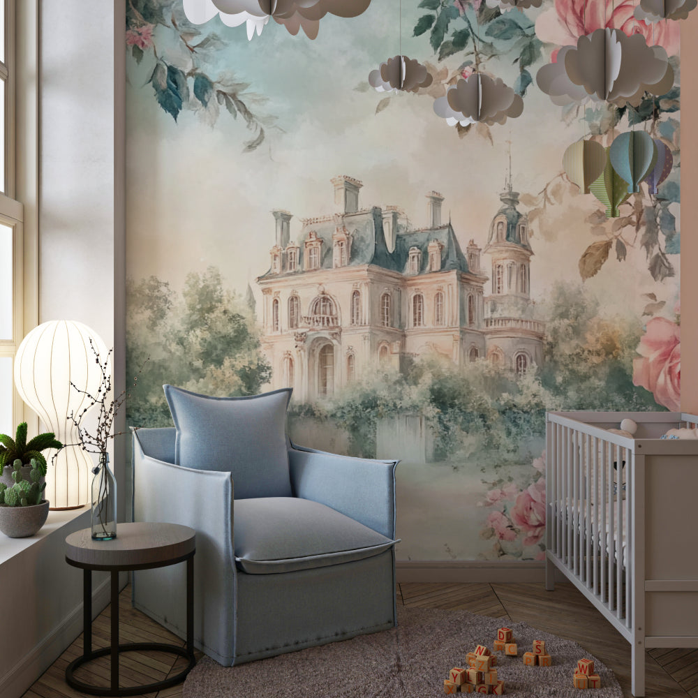 Castle and roses mural styled in a girl's study area with desk and chair