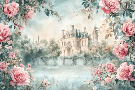 Princess castle and pink roses design file showing intricate watercolor details and pattern layout