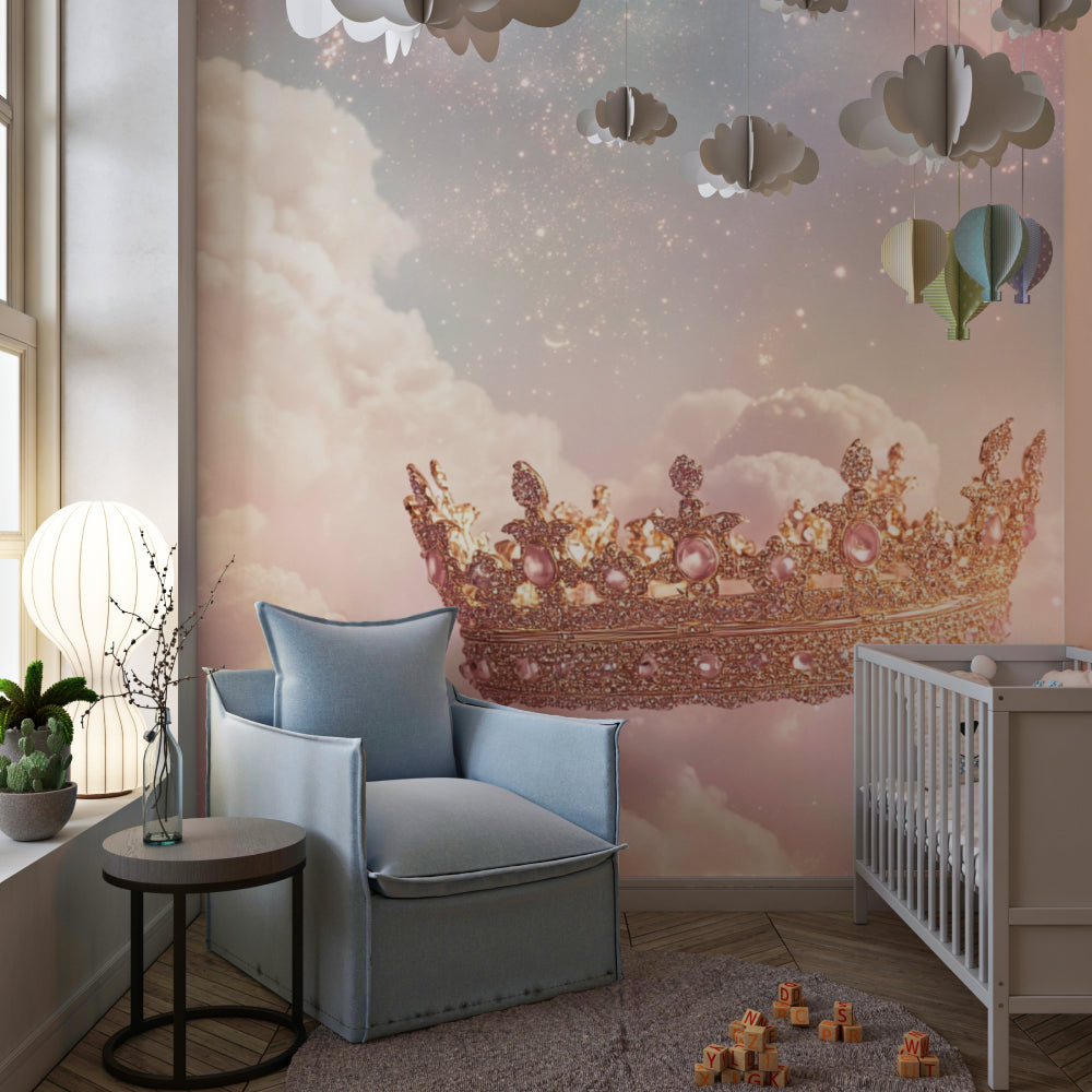Rose gold crown mural wallpaper styled in nursery with white furniture