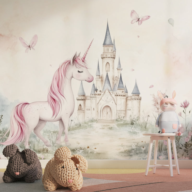 Princess castle wallpaper creates magical atmosphere in pink girl's bedroom with white furniture