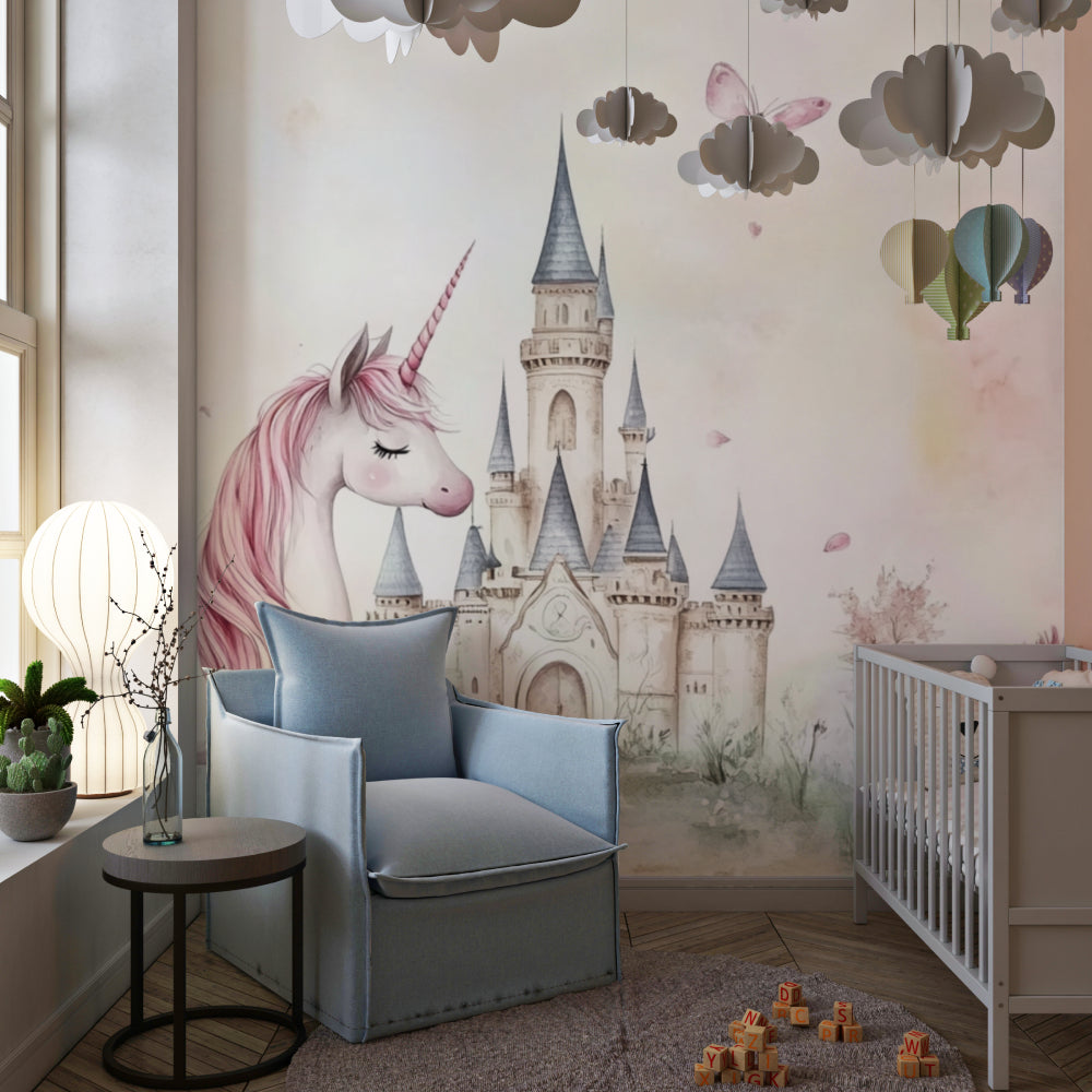 Unicorn and castle mural displayed in cozy reading nook with soft lighting