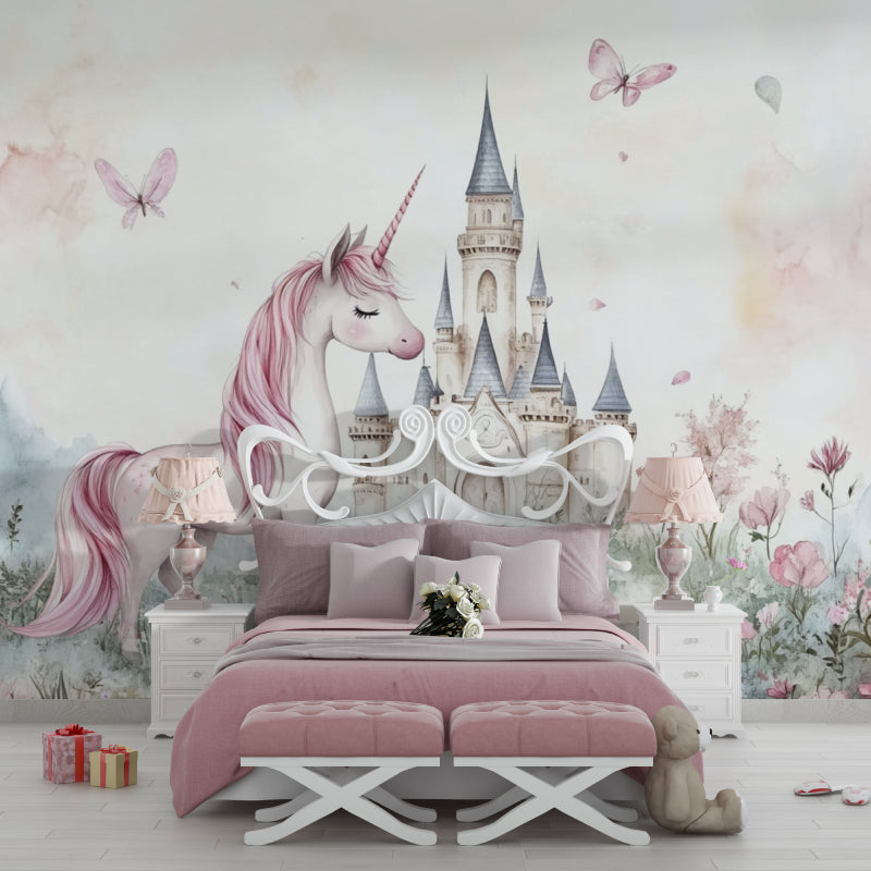 Fantasy princess wallpaper brightens playroom with castle and unicorn theme