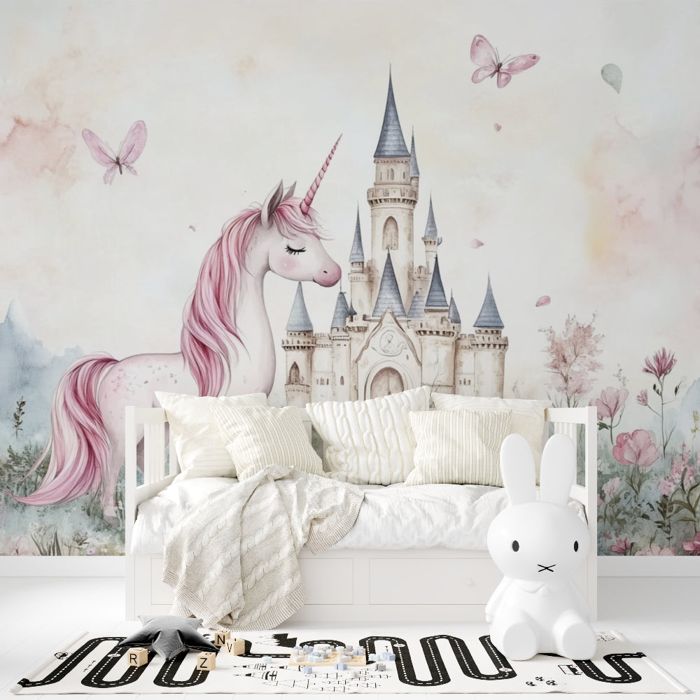 Princess themed nursery featuring magical castle and unicorn wall mural
