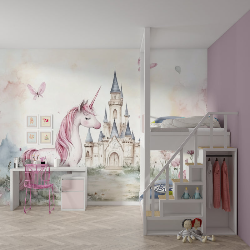 Pink castle wallpaper creating fairy tale atmosphere in child's bedroom
