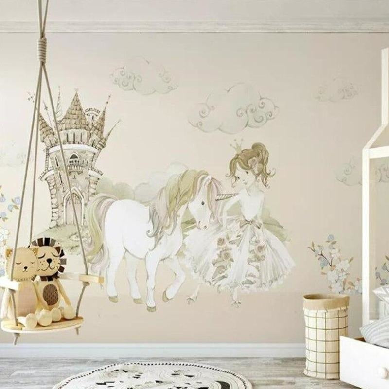 Princess castle wallpaper mural in a bright nursery with white furniture, showcasing magical unicorn and castle design