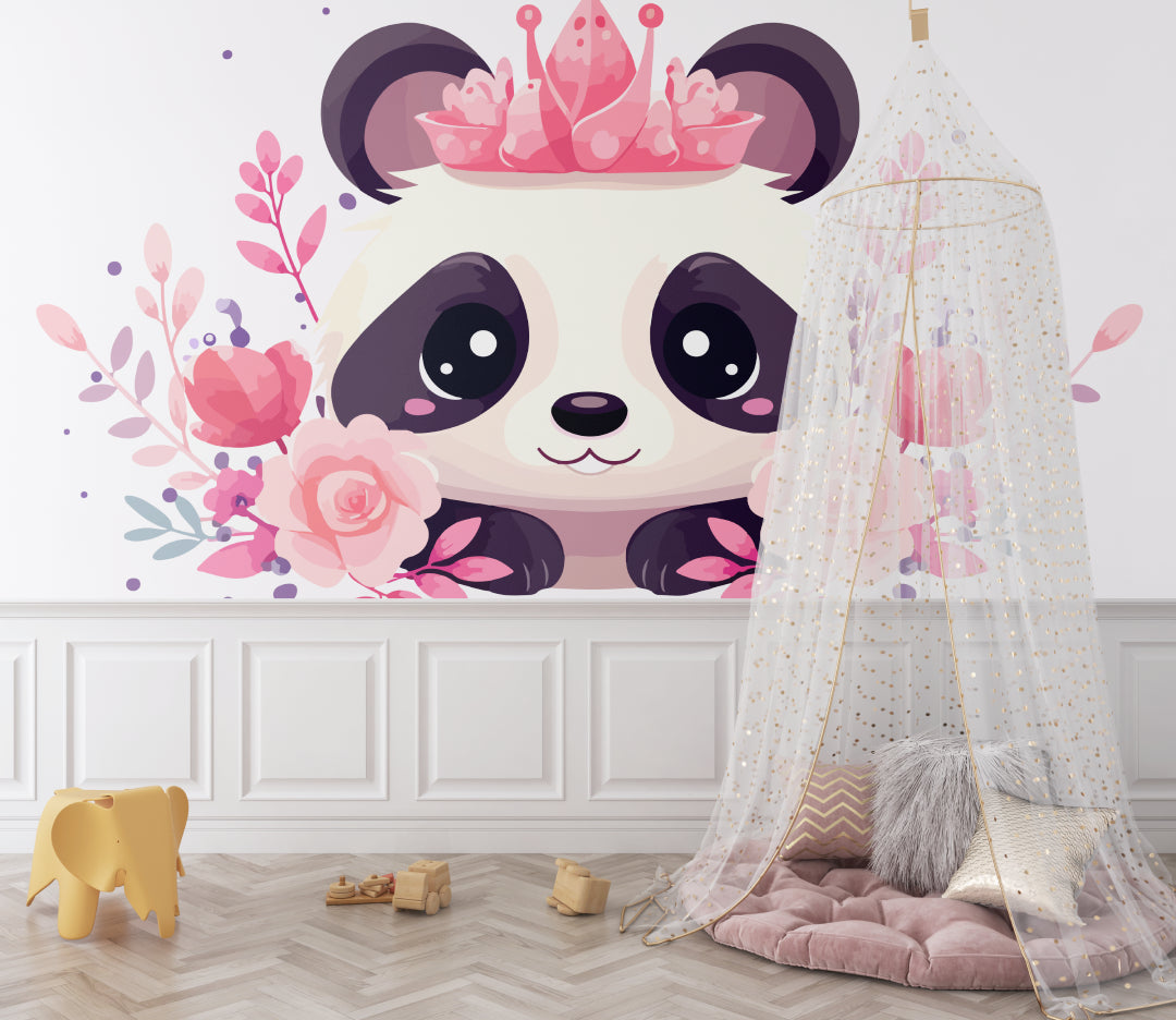 Princess Panda wallpaper in a bright nursery with pink curtains and white furniture