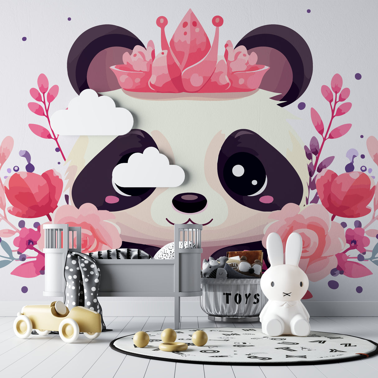 Pink Panda wallpaper creating a focal wall in playroom with soft toys