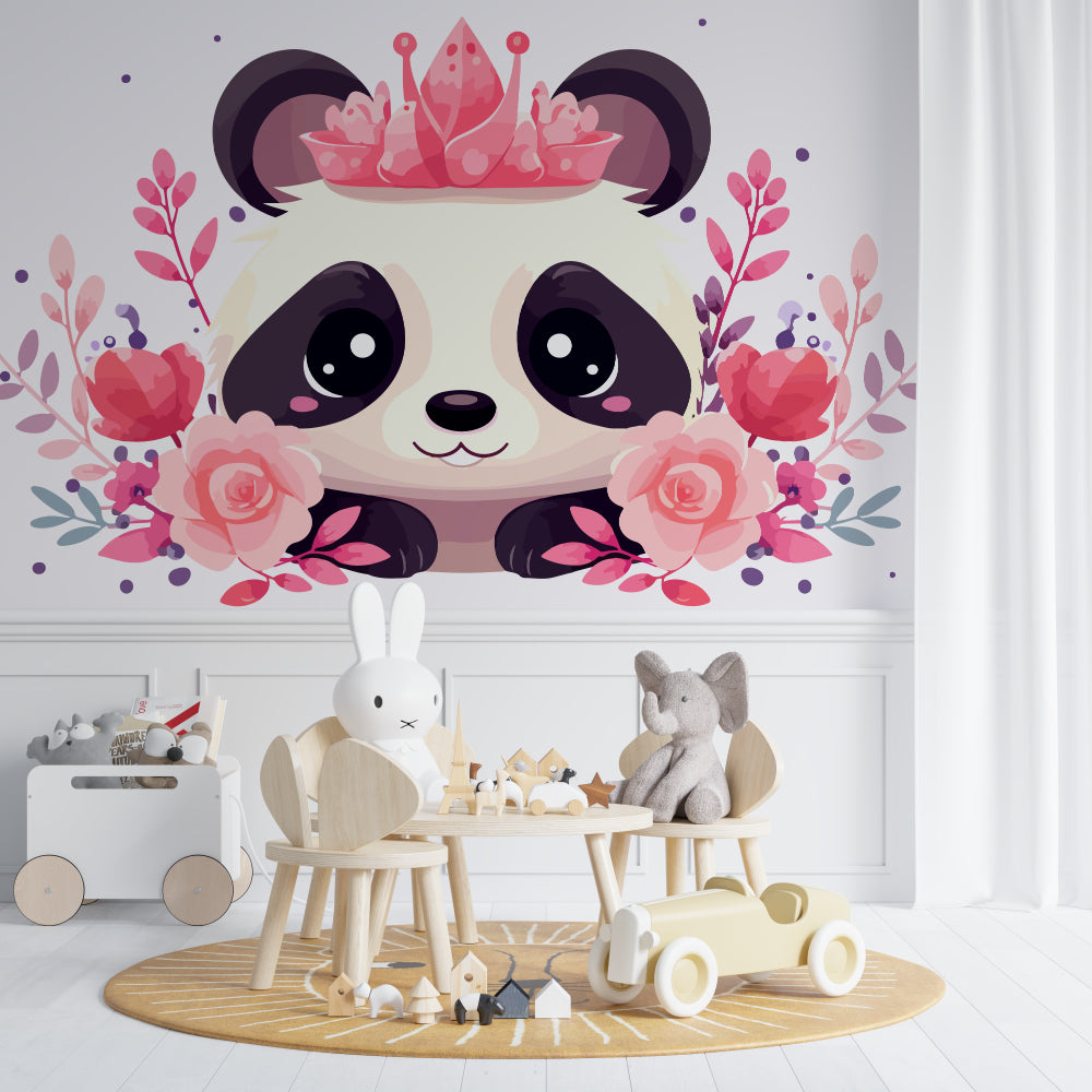 Floral Panda wallpaper styled in baby girl room with pink crib