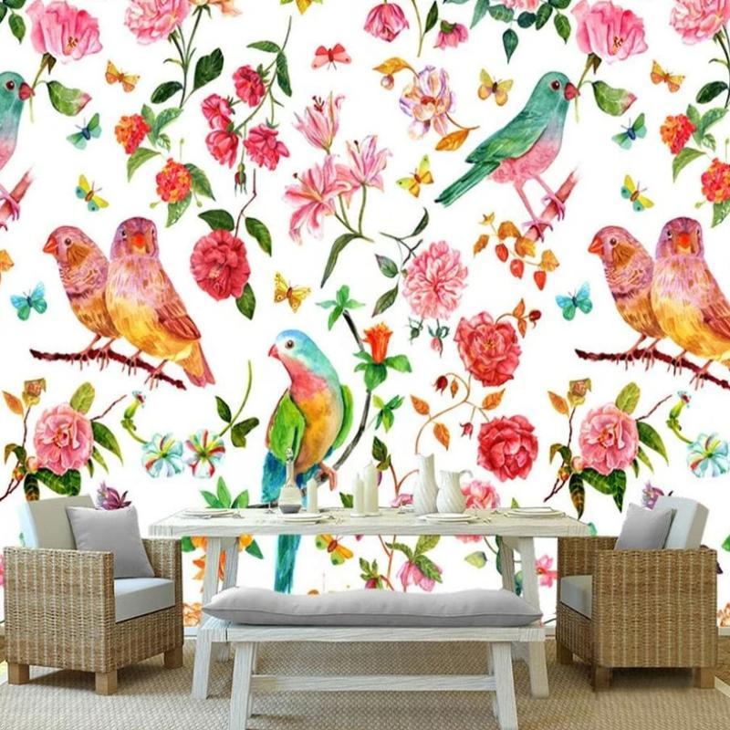 Birds Mural Wallpaper | Floral Pink Paradise with Butterflies
