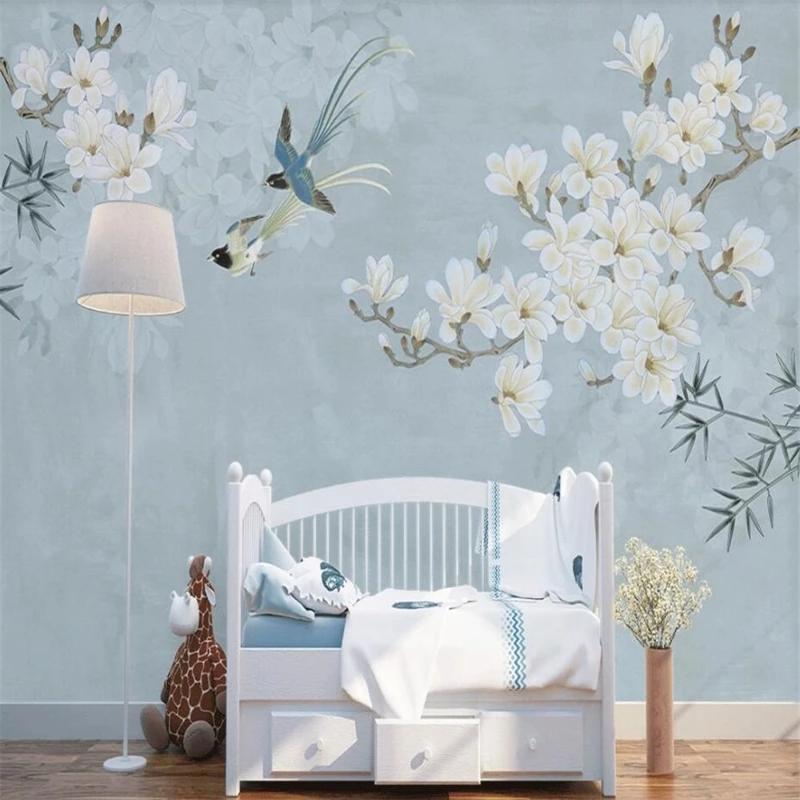 Cherry Blossom Mural Wallpaper | Birds and White Flowers on Blue