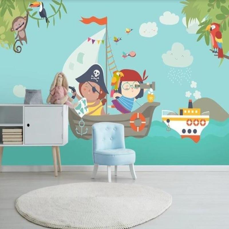 Pirate Mural Wallpaper | Playful Adventure with Jungle Animals