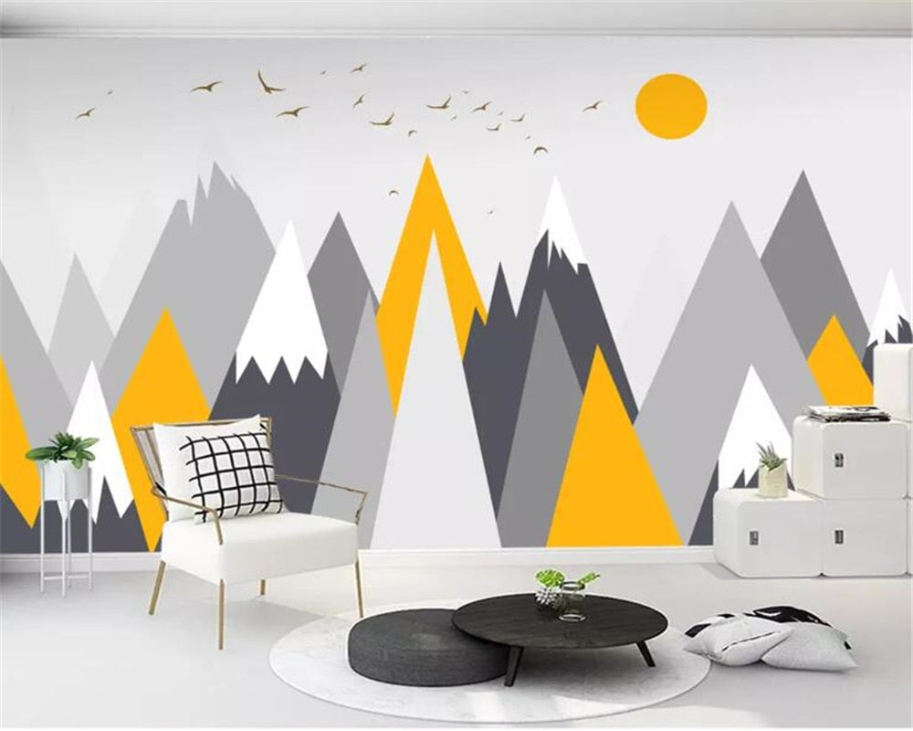 Mountain Mural Wallpaper | Scandinavian Yellow and Grey Peaks