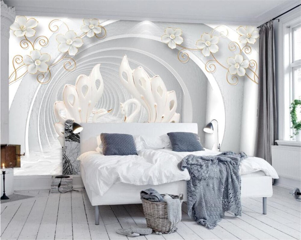3D Floral Mural Wallpaper | White Swan and Golden Blooms