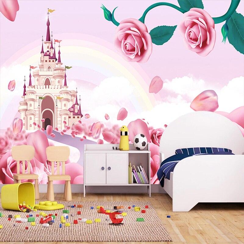 Princess Castle Mural Wallpaper | Pink Roses and Rainbow Fantasy