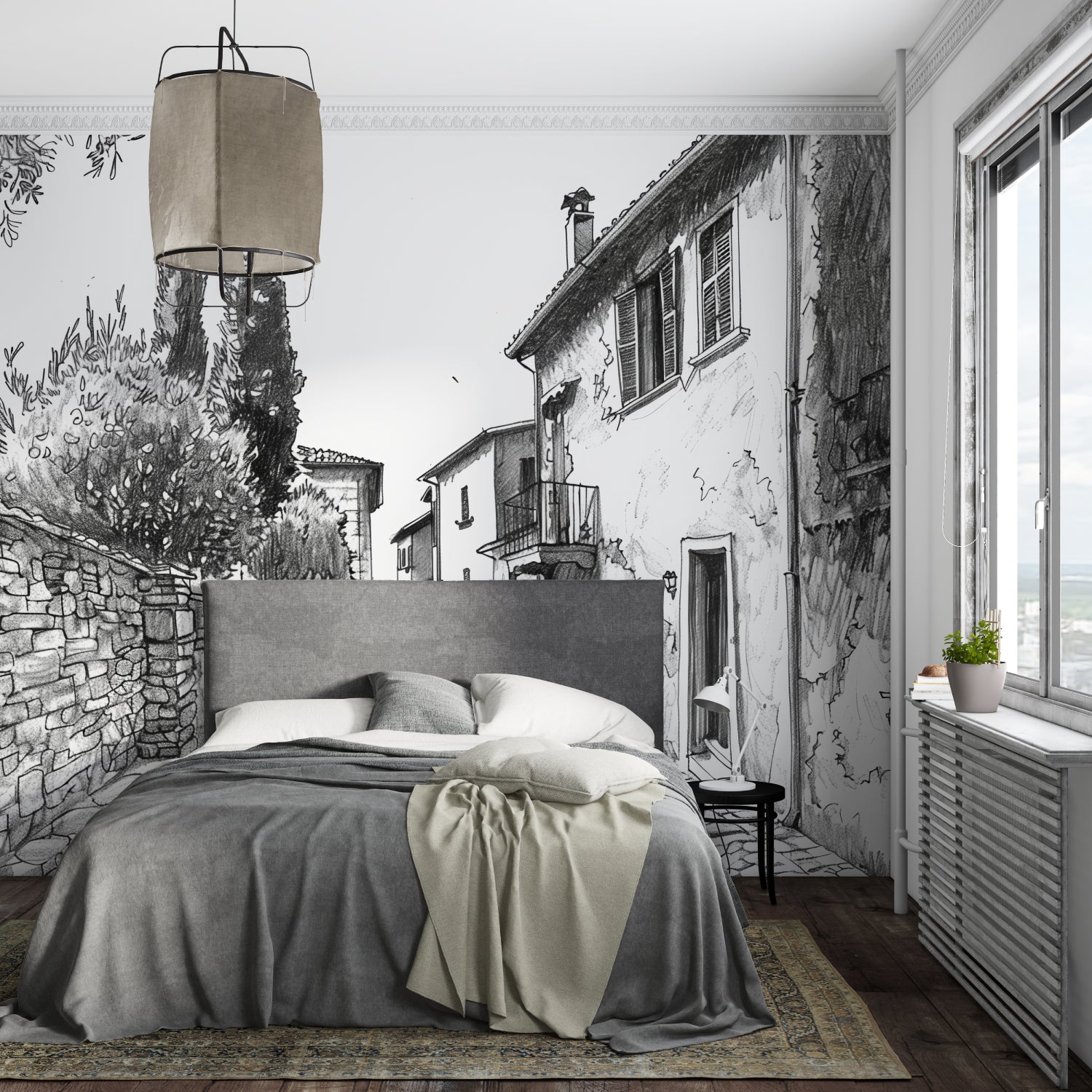 Black and white Provence mural bringing character to a cozy living room setting