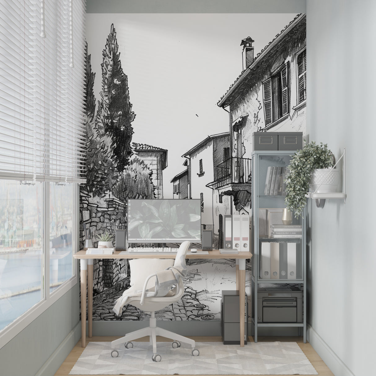 Mediterranean street scene wallpaper transforming a home office with French charm