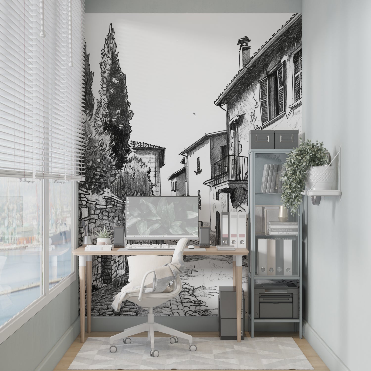 Mediterranean street scene wallpaper transforming a home office with French charm