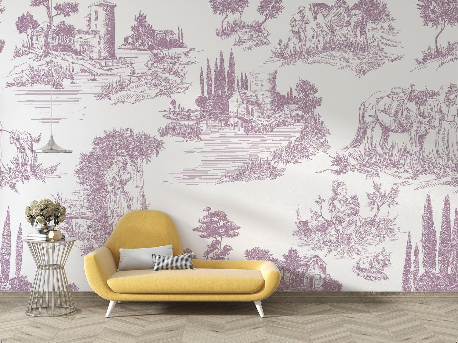 French Toile wallpaper creating an elegant accent wall in master bedroom