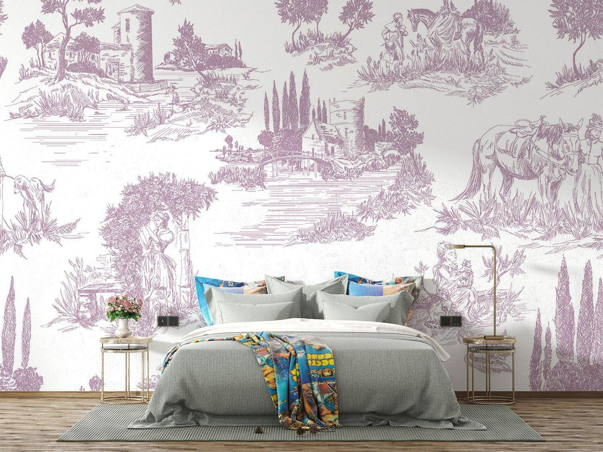 French countryside scene wallpaper in a guest bathroom setting