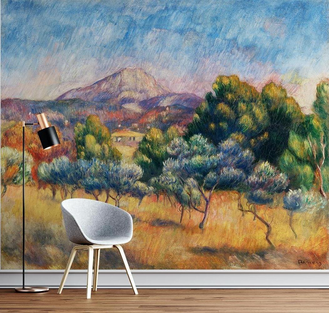 Provence landscape wallpaper creating a sunny Mediterranean atmosphere in a modern living room with white furniture