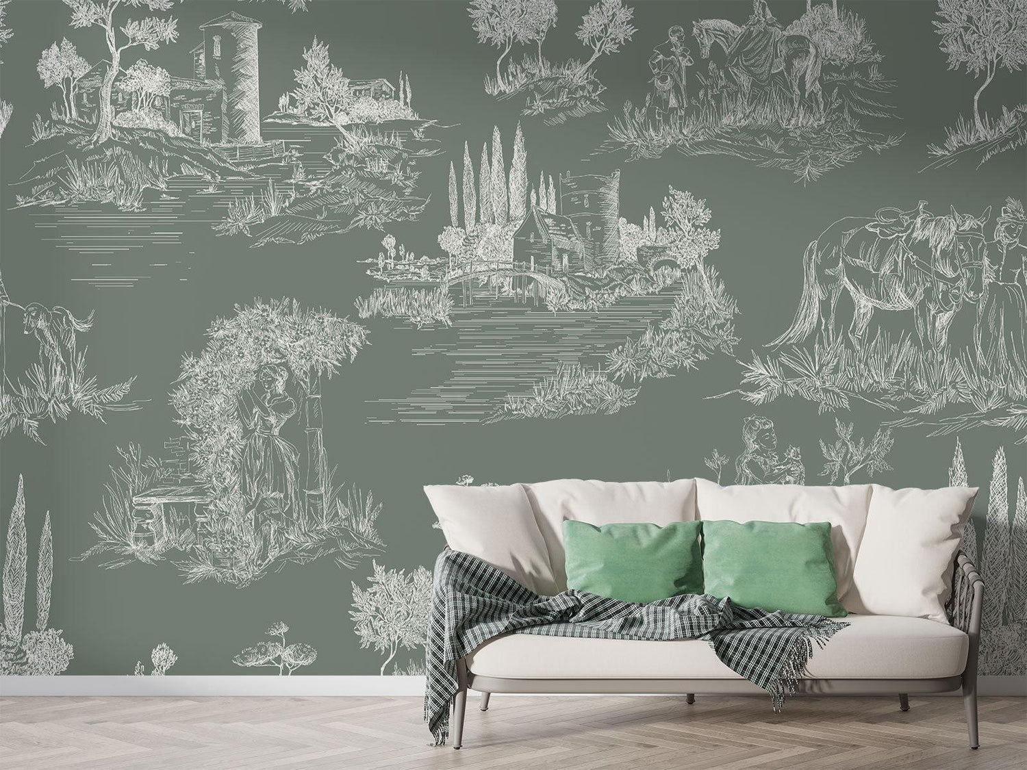 French countryside toile wallpaper in sage green creating an elegant dining room focal point