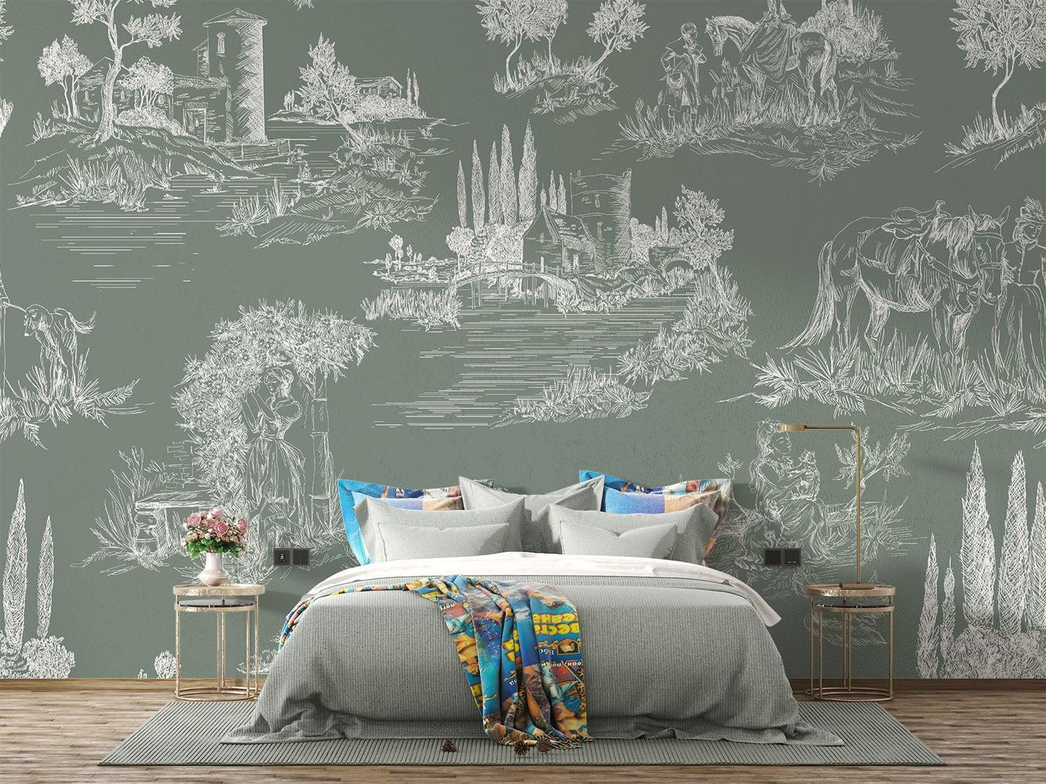 Countryside scene wallpaper adding sophistication to a powder room