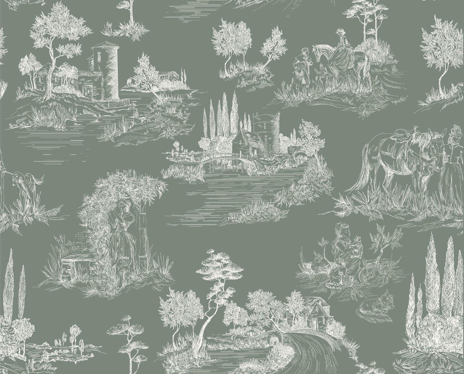 Design file of French countryside toile pattern in sage green showing intricate pastoral details