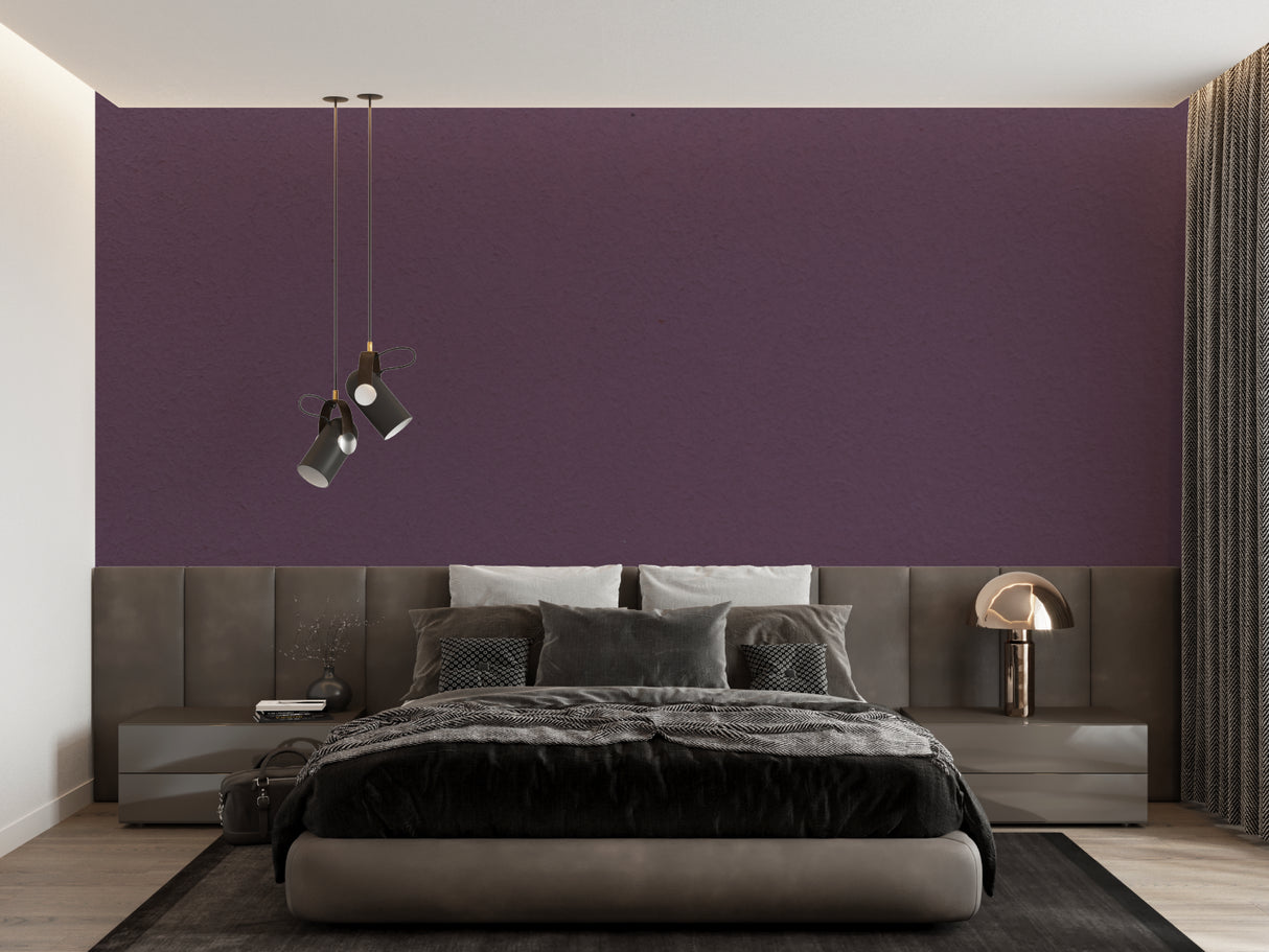 Purple wall mural in modern living room with grey sofa and natural light showing elegant depth