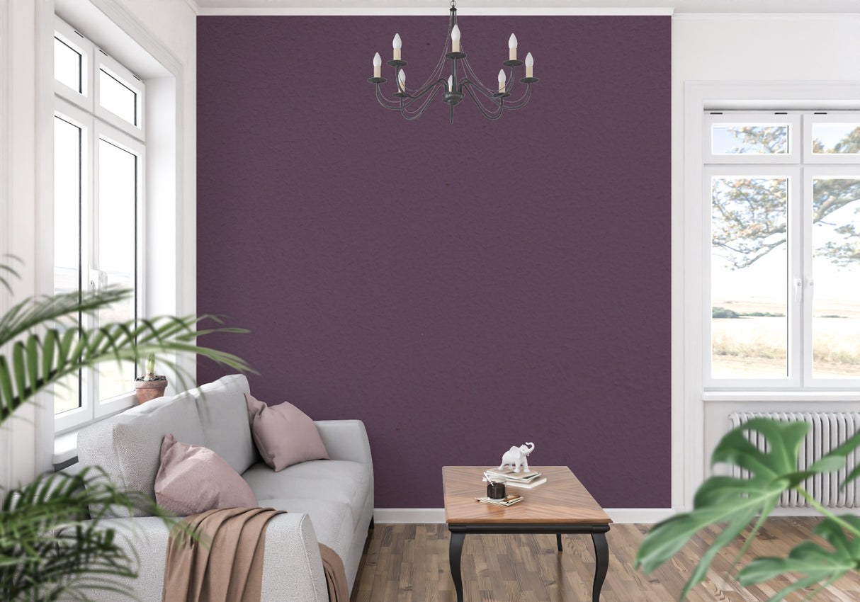 Master bedroom with purple accent wall mural creating cozy atmosphere