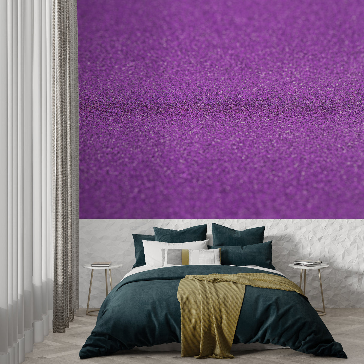 Purple glitter wallpaper creating a stunning accent wall in modern living room with gray sofa