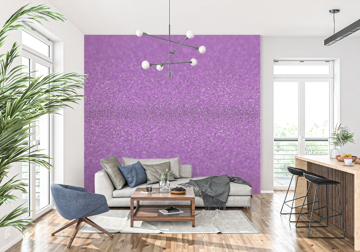 Sparkle effect purple wallpaper in teenage bedroom with white furniture