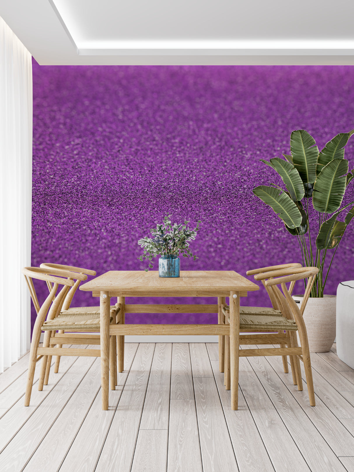 Purple shimmer wallpaper making statement wall in luxury master bedroom