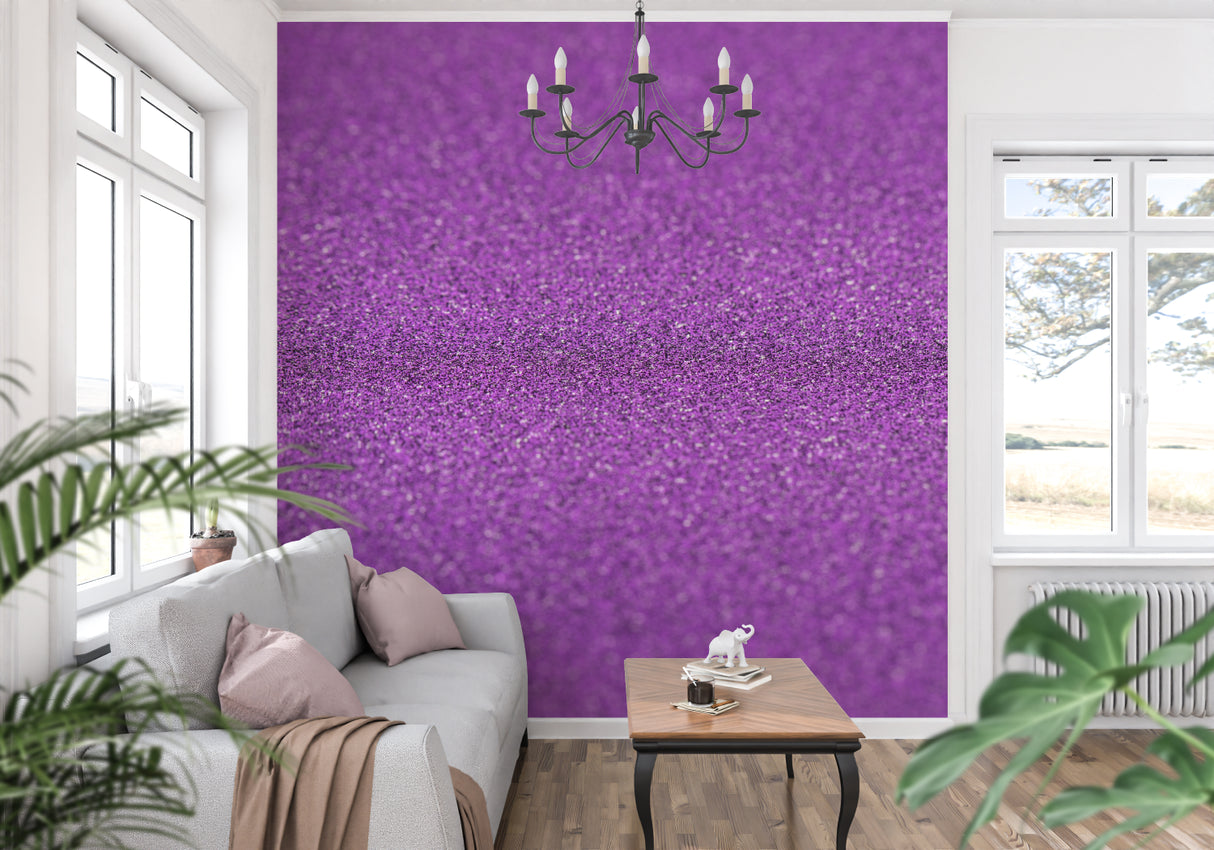 Purple sparkle wallpaper adding glamour to dining room feature wall