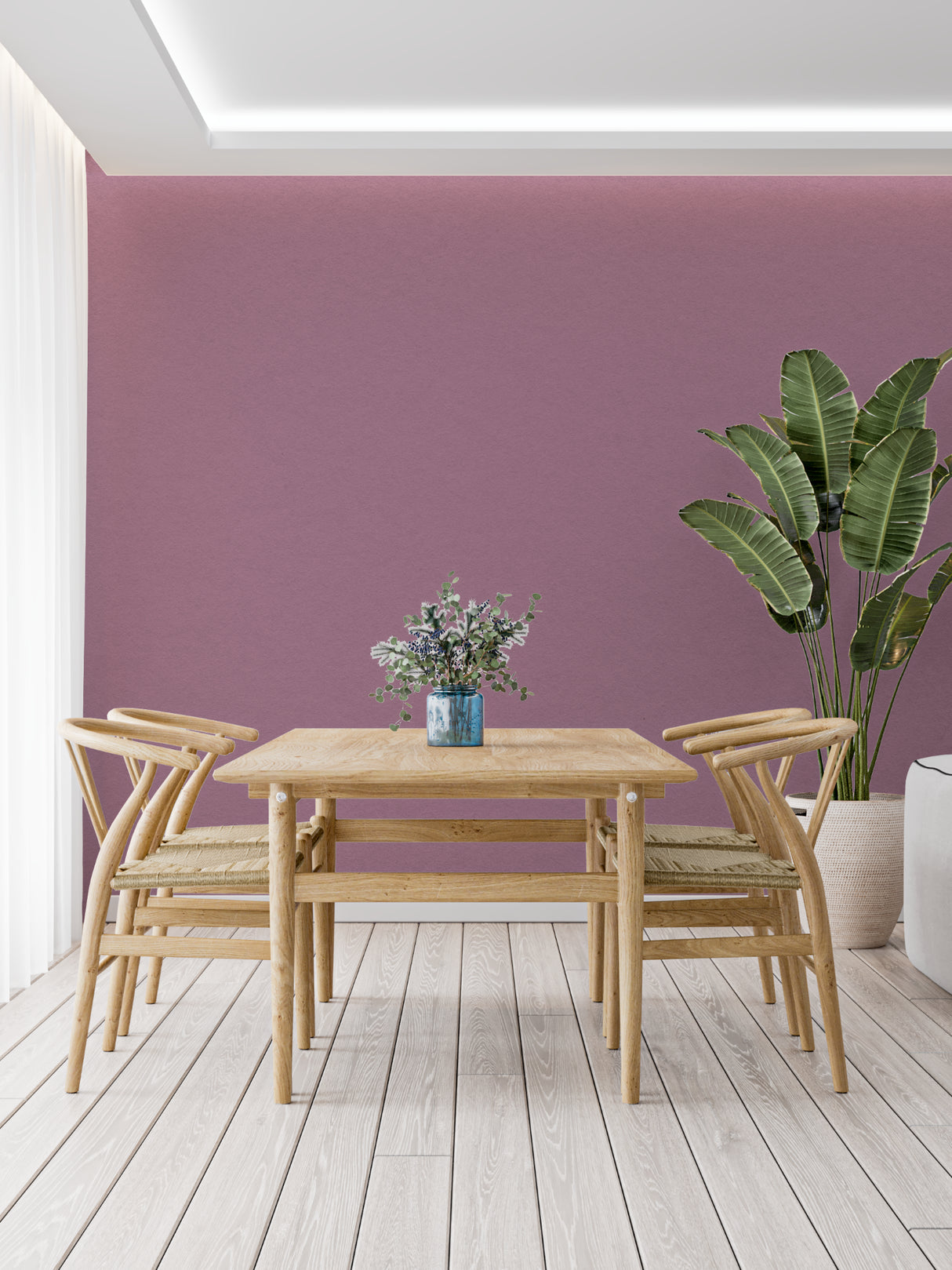 Purple accent wall mural in modern living room showing mauve tones in natural light