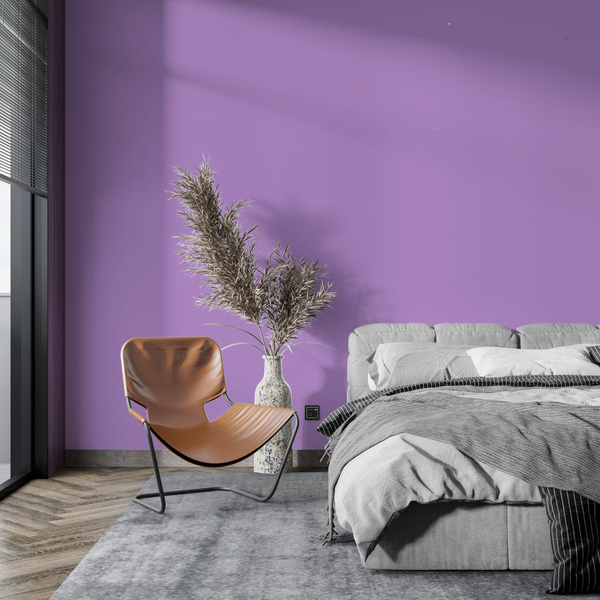 Purple pastel mural wallpaper creating a modern atmosphere in a minimalist living room setting