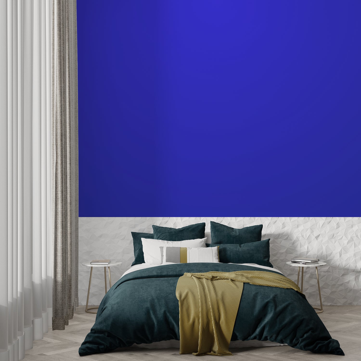 Royal purple wall mural adding depth to a contemporary bedroom with gray accents