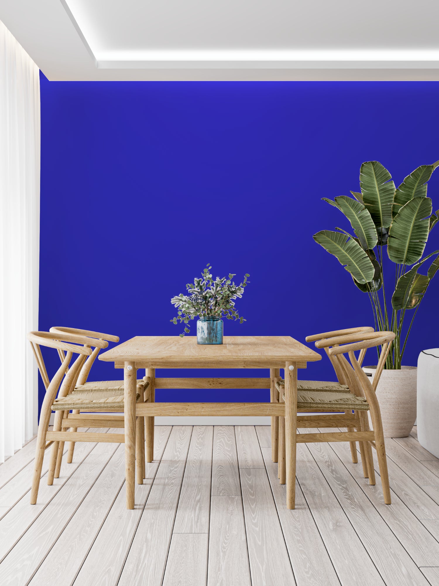 Purple accent wall mural brightening up a stylish dining room space