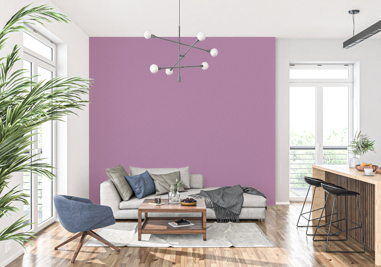 Modern purple wall mural showcased in a bright living room with minimalist furniture