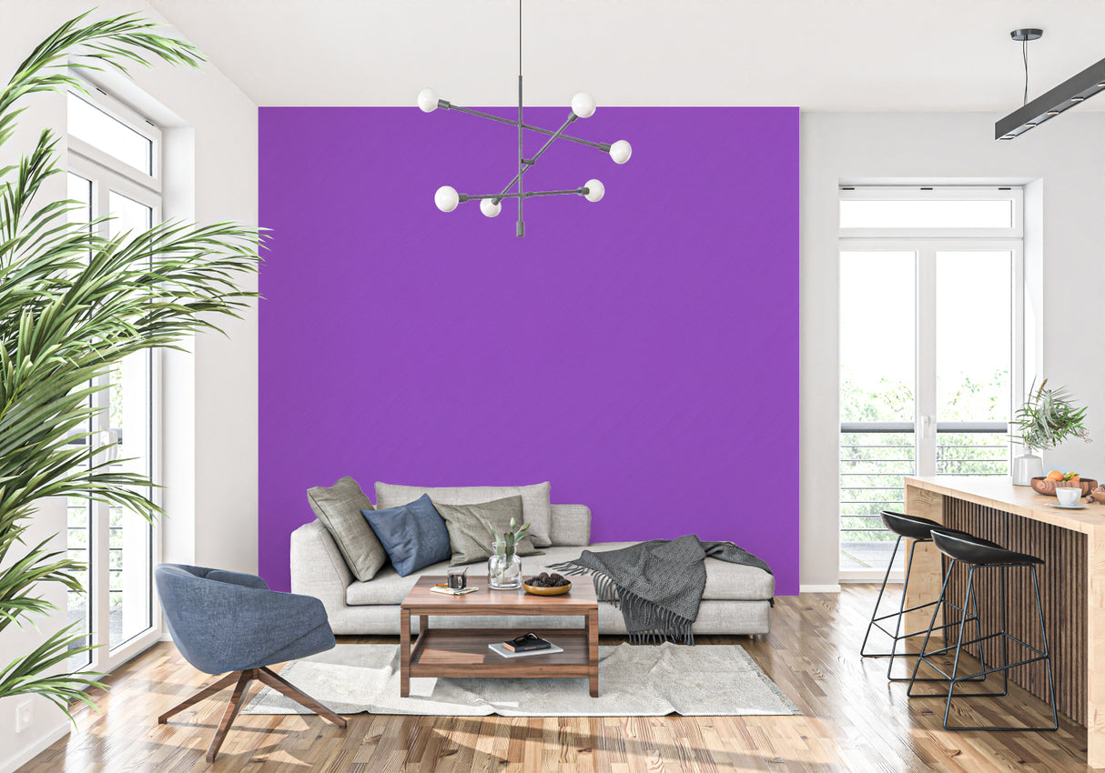 Modern purple wallpaper mural showcased in a bright living room with minimalist furniture