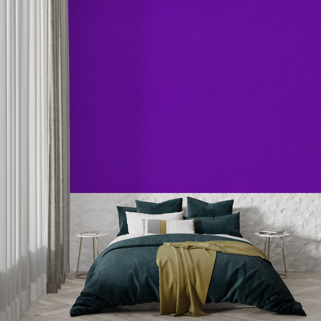 Purple wall mural creating a bold statement in a contemporary bedroom setup