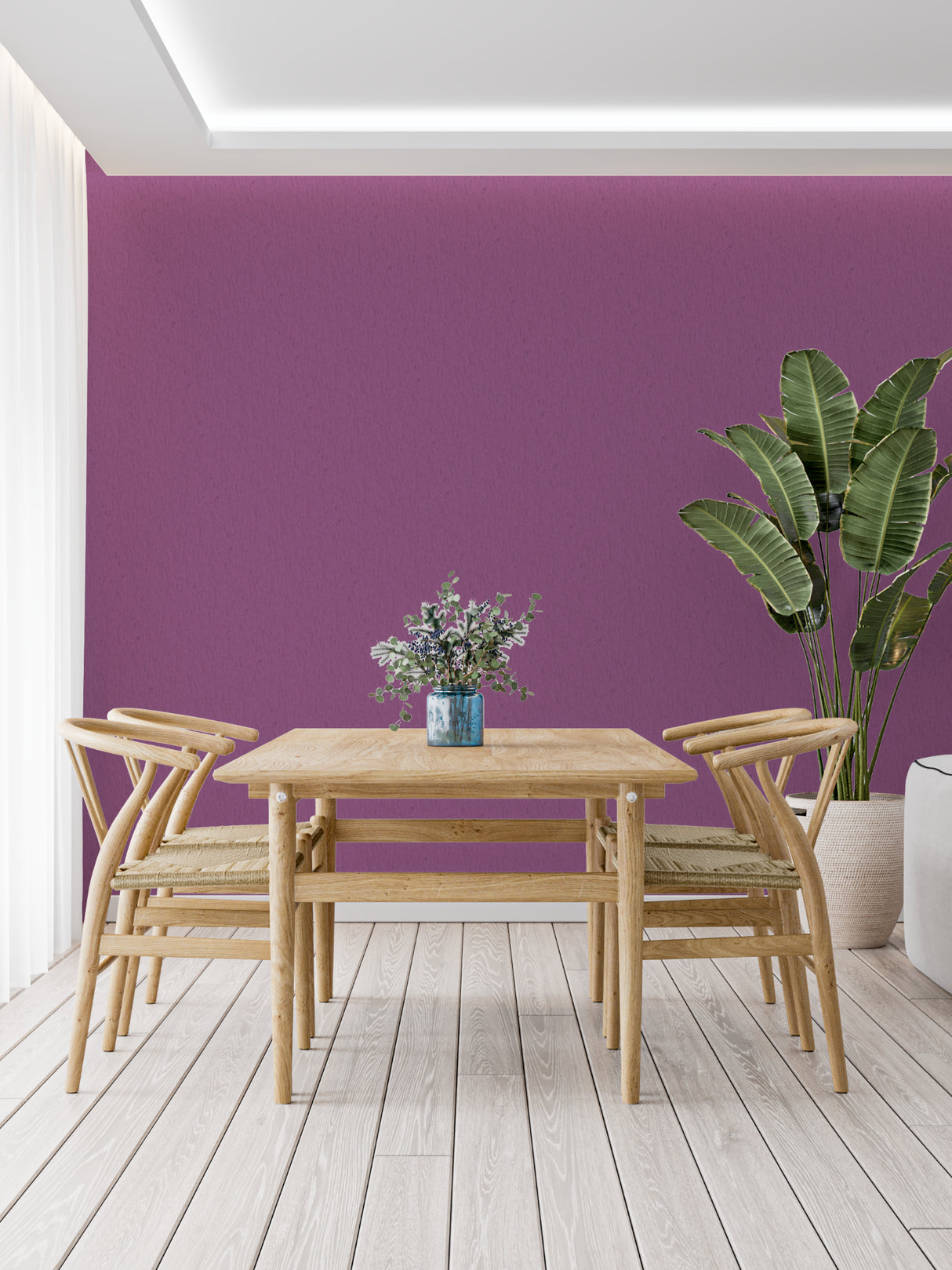 Purple wall mural application in a contemporary dining room