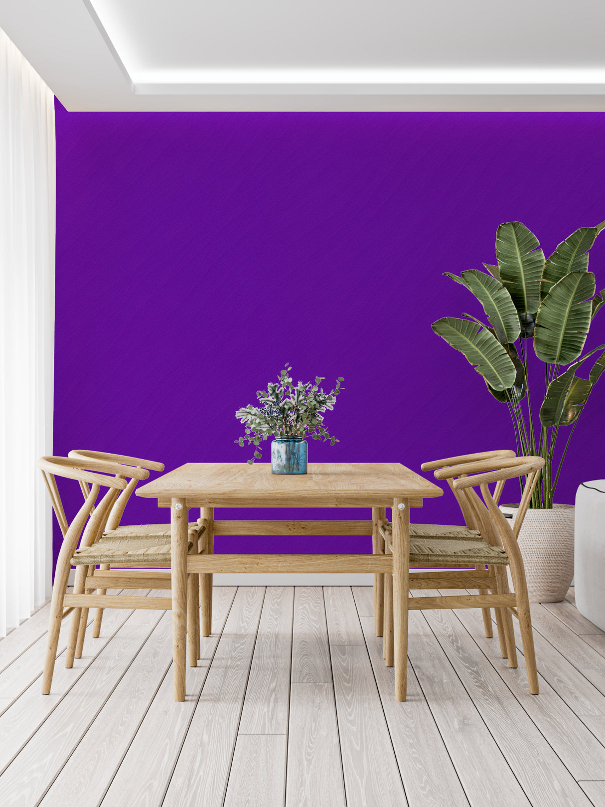 Purple mural wallpaper adding depth to a stylish dining room setting
