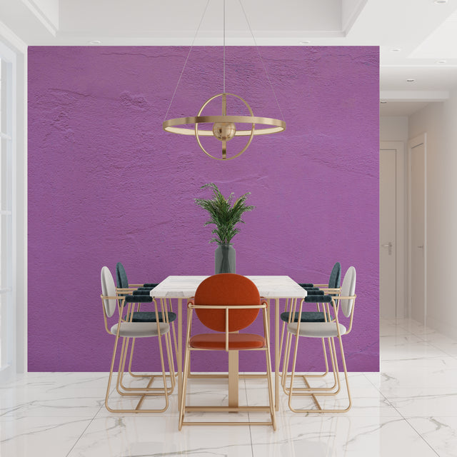 Purple textured wallpaper in modern dining room with pendant lighting highlighting the subtle surface details