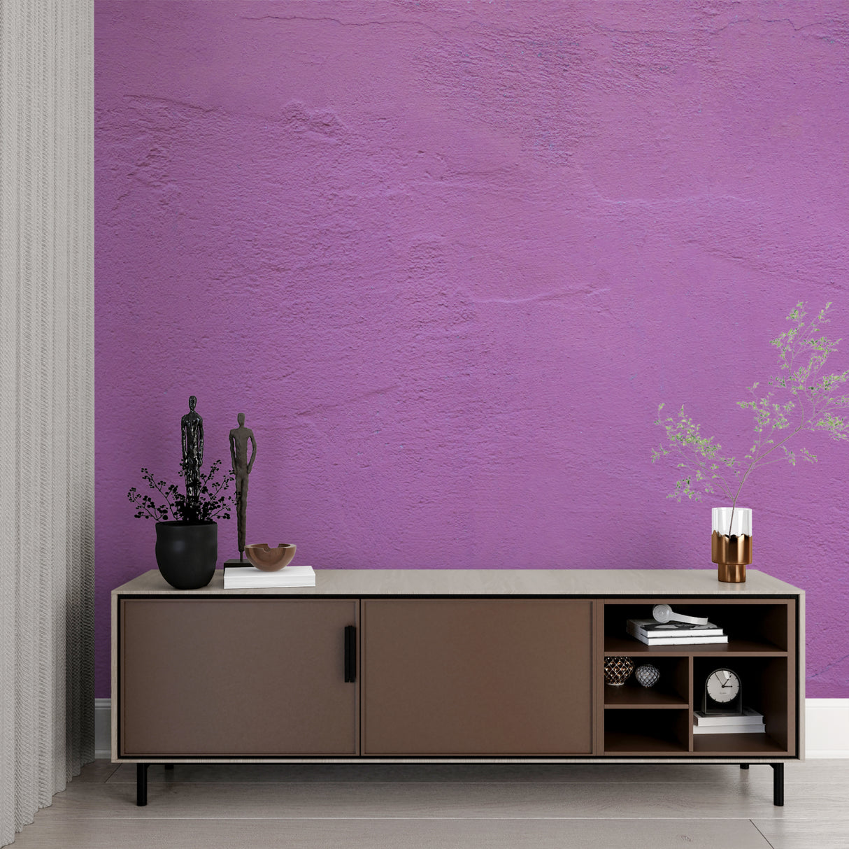 Mauve wall mural creating cozy atmosphere in master bedroom with natural light