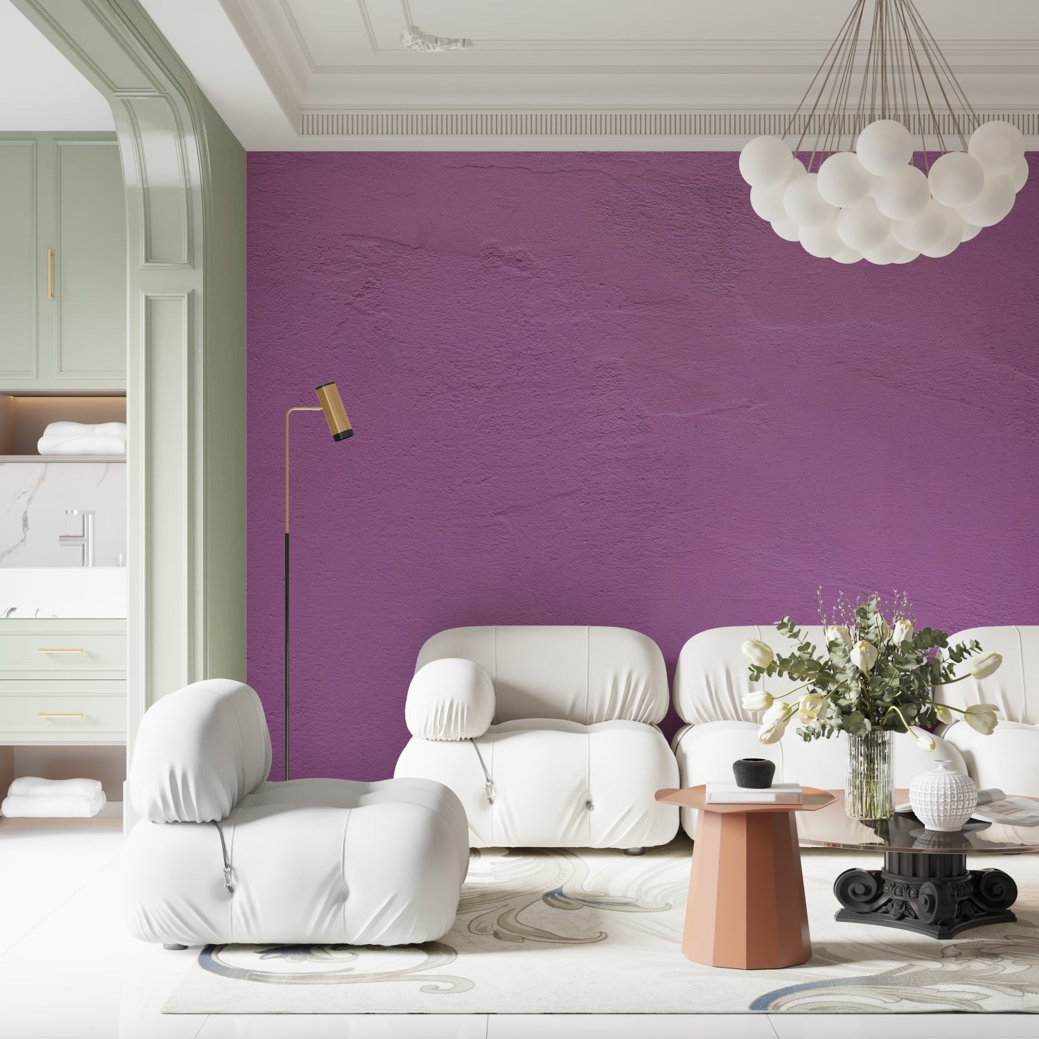 Purple wall covering in minimalist living room showing texture depth