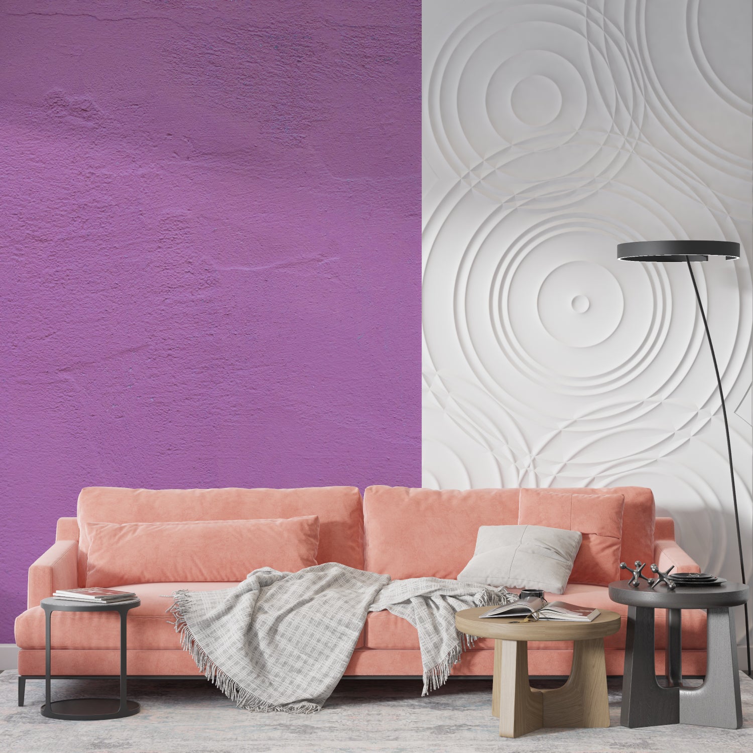 Textured purple wallpaper in home office with modern furniture