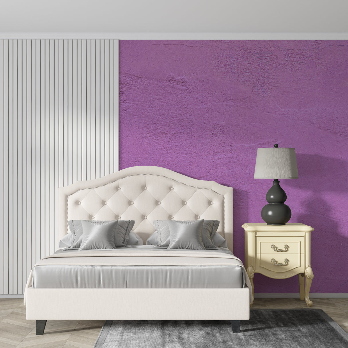 Modern purple mural in contemporary hallway showcasing light play