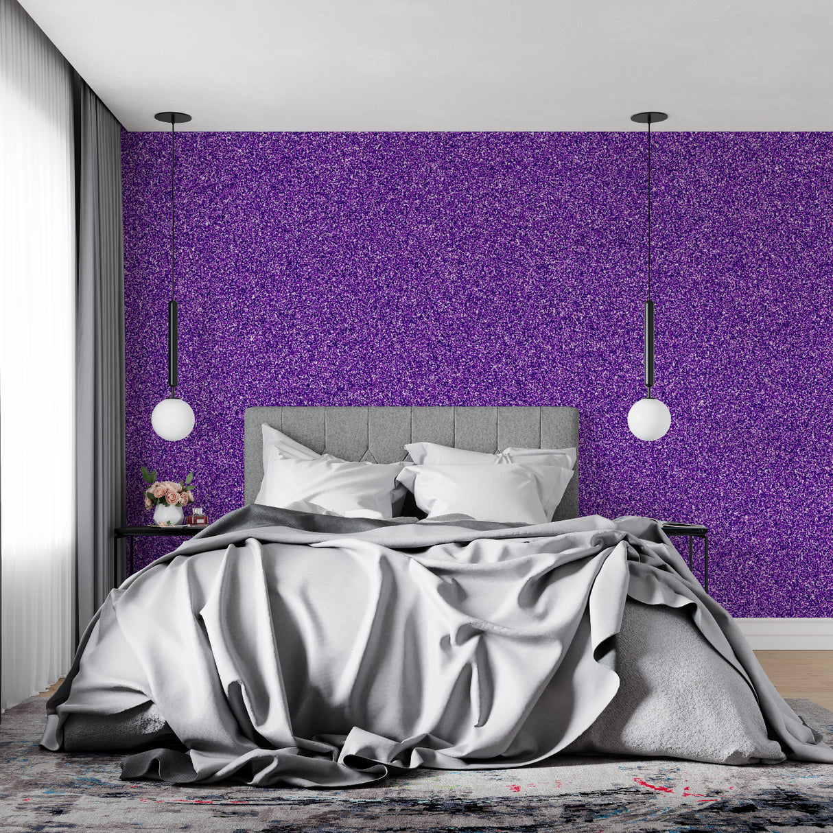 Elegant bedroom featuring purple shimmer wallpaper making the space feel luxurious and cozy