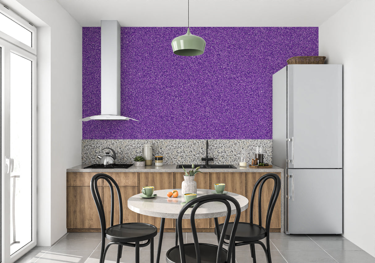 Purple metallic wallpaper in a dining room showing evening light play on the shimmering surface